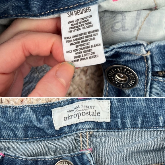 Aeropostale Colorful Thread Embellished Distressed Denim Jean Shorts 3/4 Reg - Picture 2 of 2